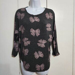 American Dream Top S Small Gray Pink Lace Bows Long Sleeve Knit Soft Spandex